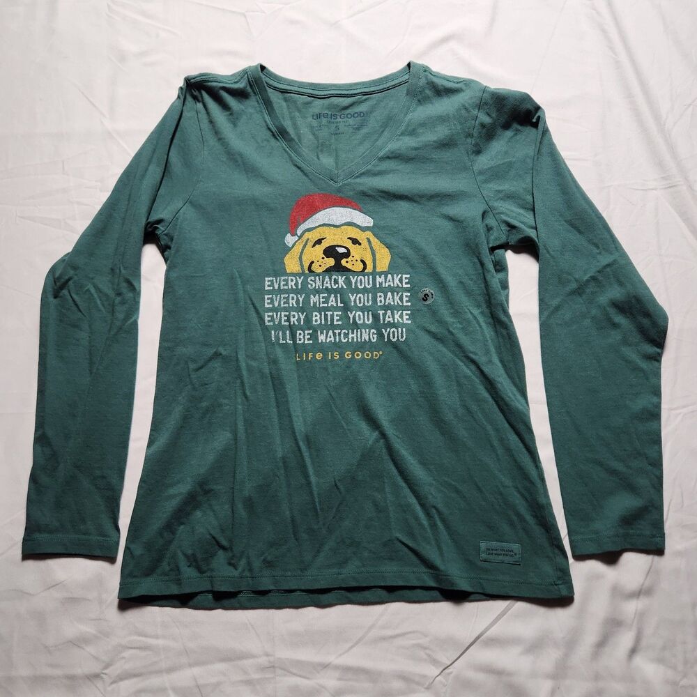 NWT Life is Good Womens Small Long Sleeve V Neck Christmas Dog Shirt Green